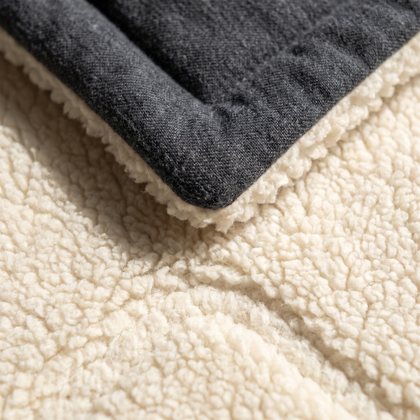 A close photograph of the fabric folded back on itself, the charcoal flannel face above and the deep cream sherpa pile below, each fibre visible in raking light