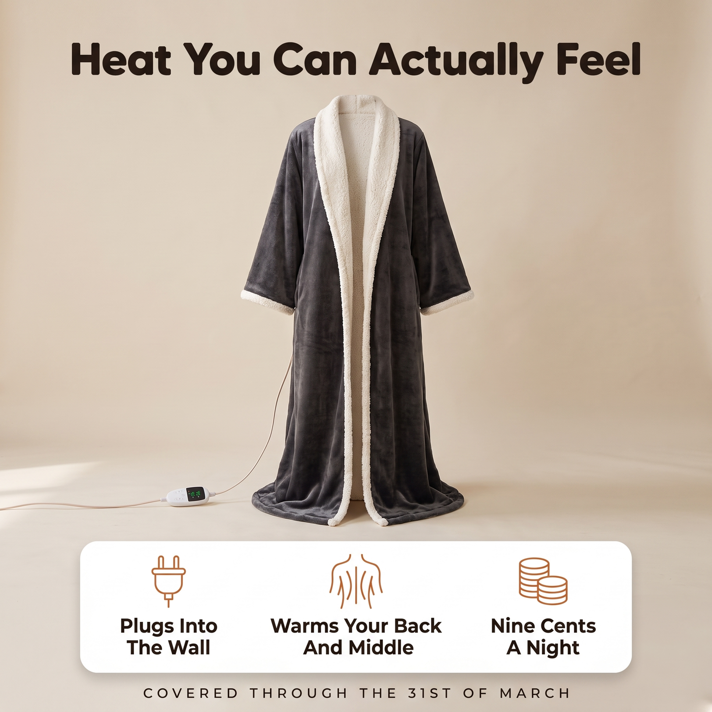 The charcoal heated robe upright on a warm oatmeal background, its cream sherpa shawl collar running down both front edges and a sherpa cuff turned back, under the line Heat You Can Actually Feel, with a white card below giving three points, that it plugs into the wall, that it warms your back and middle, and that it costs nine cents a night