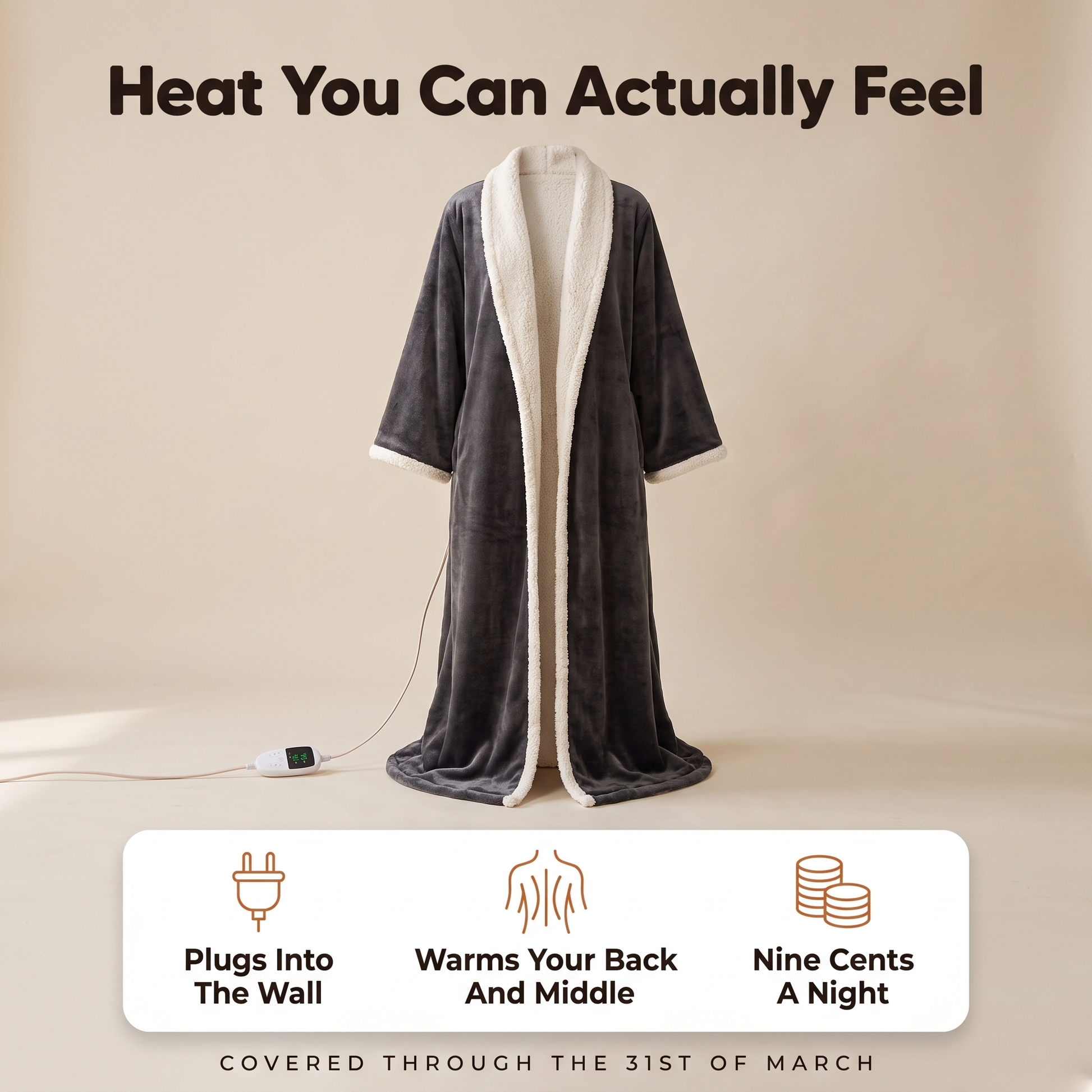 The charcoal heated robe upright on a warm oatmeal background, its cream sherpa shawl collar running down both front edges and a sherpa cuff turned back, under the line Heat You Can Actually Feel, with a white card below giving three points, that it plugs into the wall, that it warms your back and middle, and that it costs nine cents a night