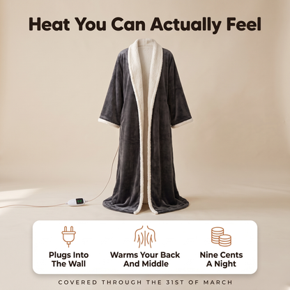 The charcoal heated robe upright on a warm oatmeal background, its cream sherpa shawl collar running down both front edges and a sherpa cuff turned back, under the line Heat You Can Actually Feel, with a white card below giving three points, that it plugs into the wall, that it warms your back and middle, and that it costs nine cents a night