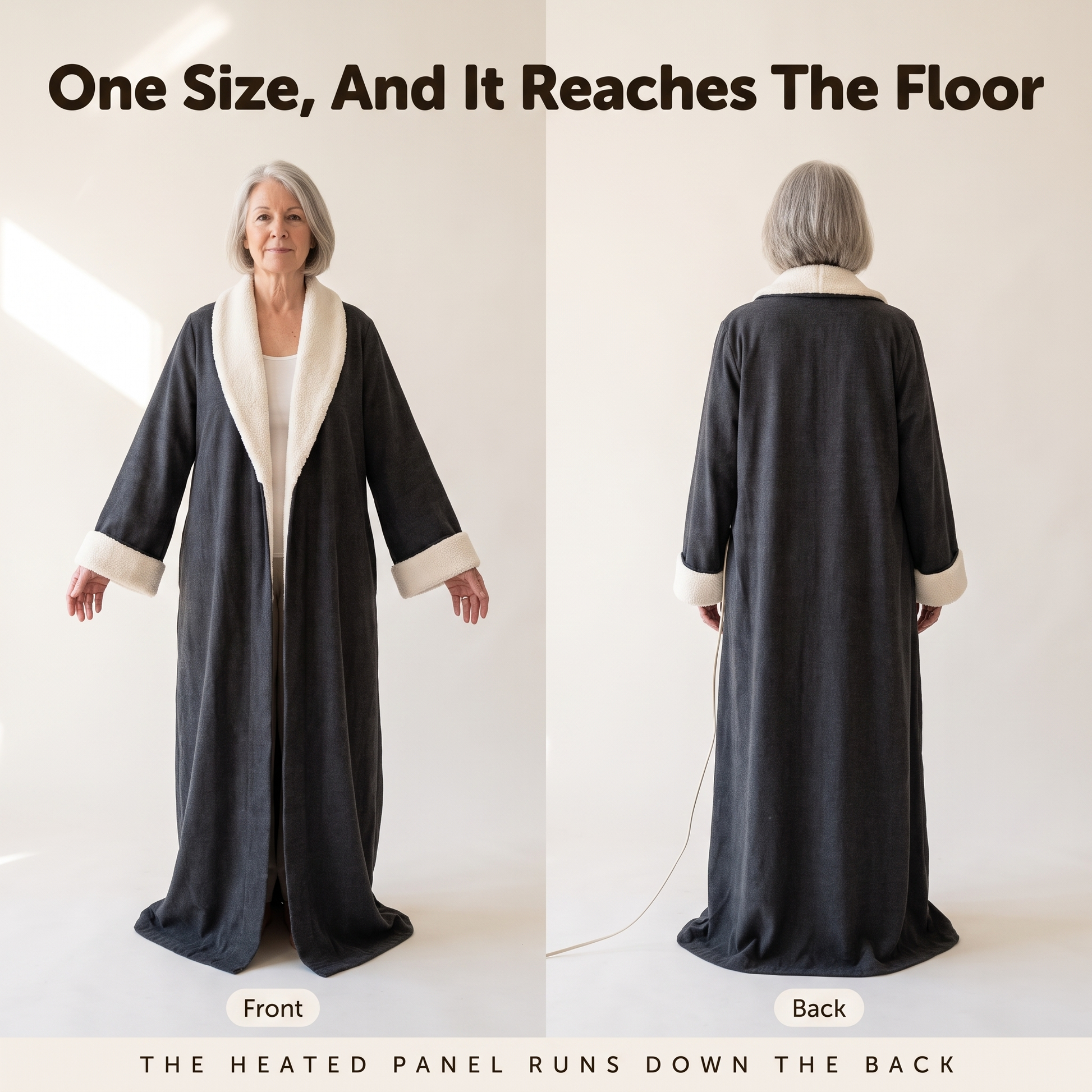 The same woman photographed twice against a plain warm background, front with her arms held out to show the span of the robe and back with her arms down, both views running from her head to the hem pooling on the floor, under the line One Size And It Reaches The Floor