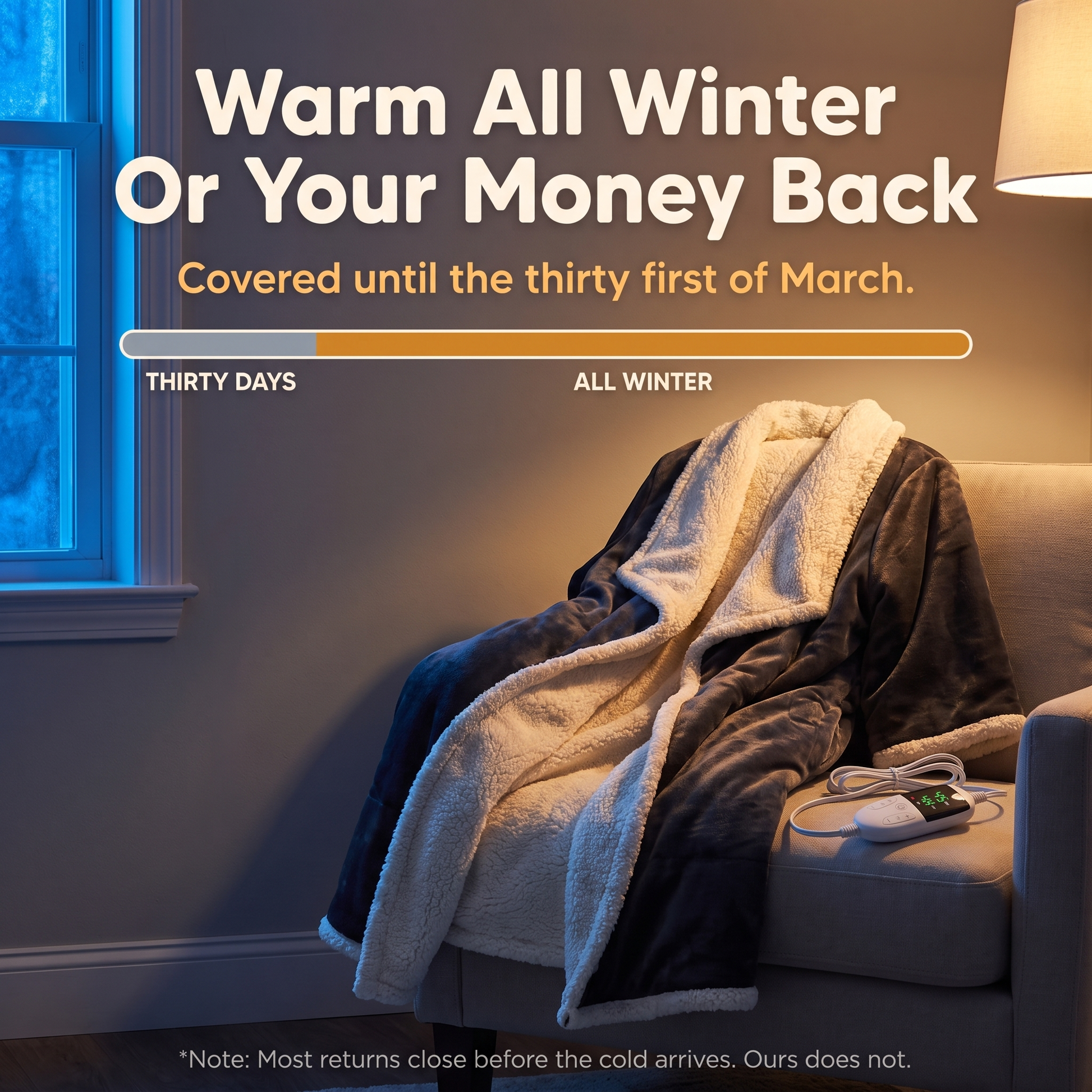 The robe draped over an armchair in warm lamplight with cold blue light at the window, under the line Warm All Winter Or Your Money Back and a bar showing a short thirty day window against a long all winter one
