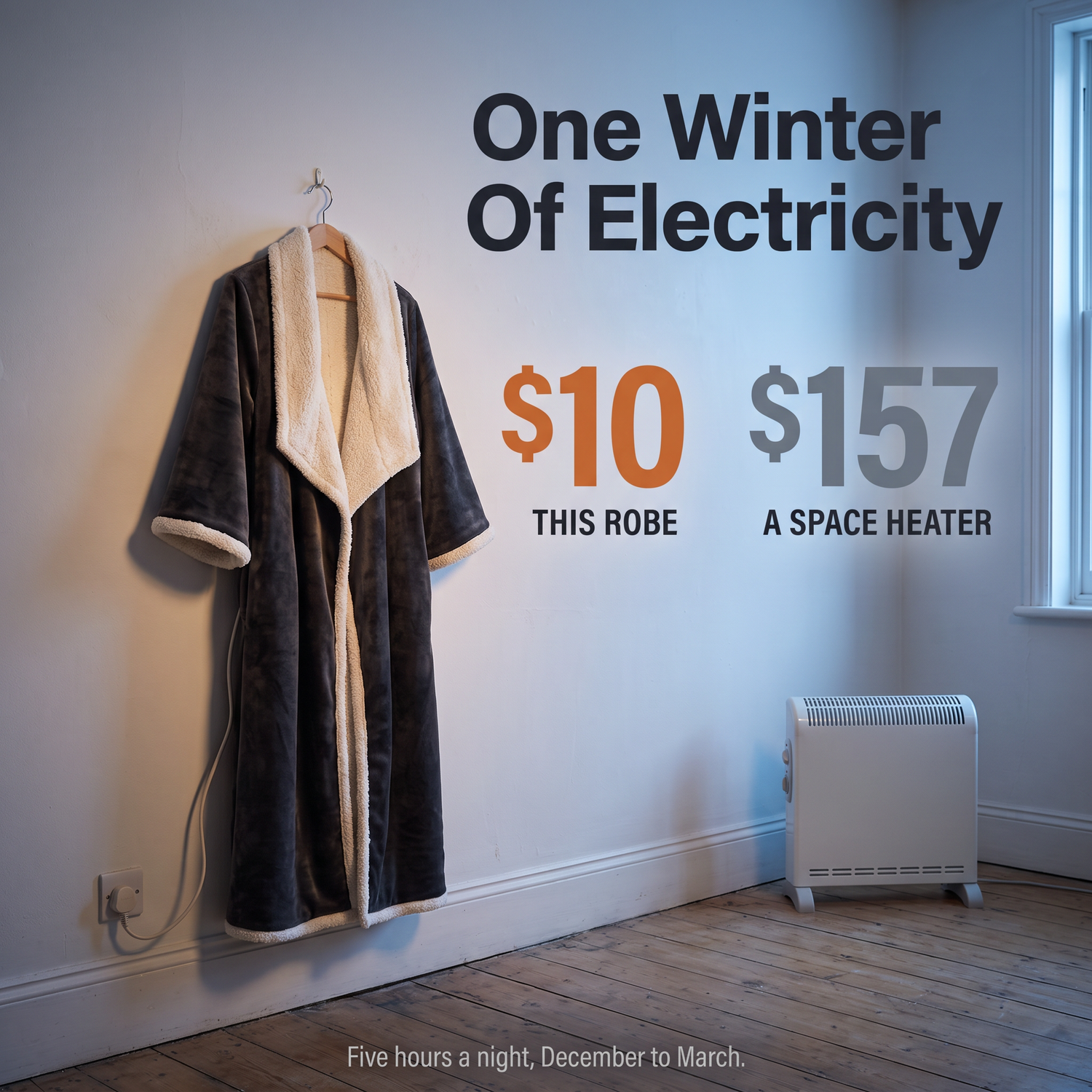 The robe hanging on a hook in a cold room at dusk with a switched off space heater on the floor nearby, under the line One Winter Of Electricity with ten dollars for the robe against a hundred and fifty seven for the heater