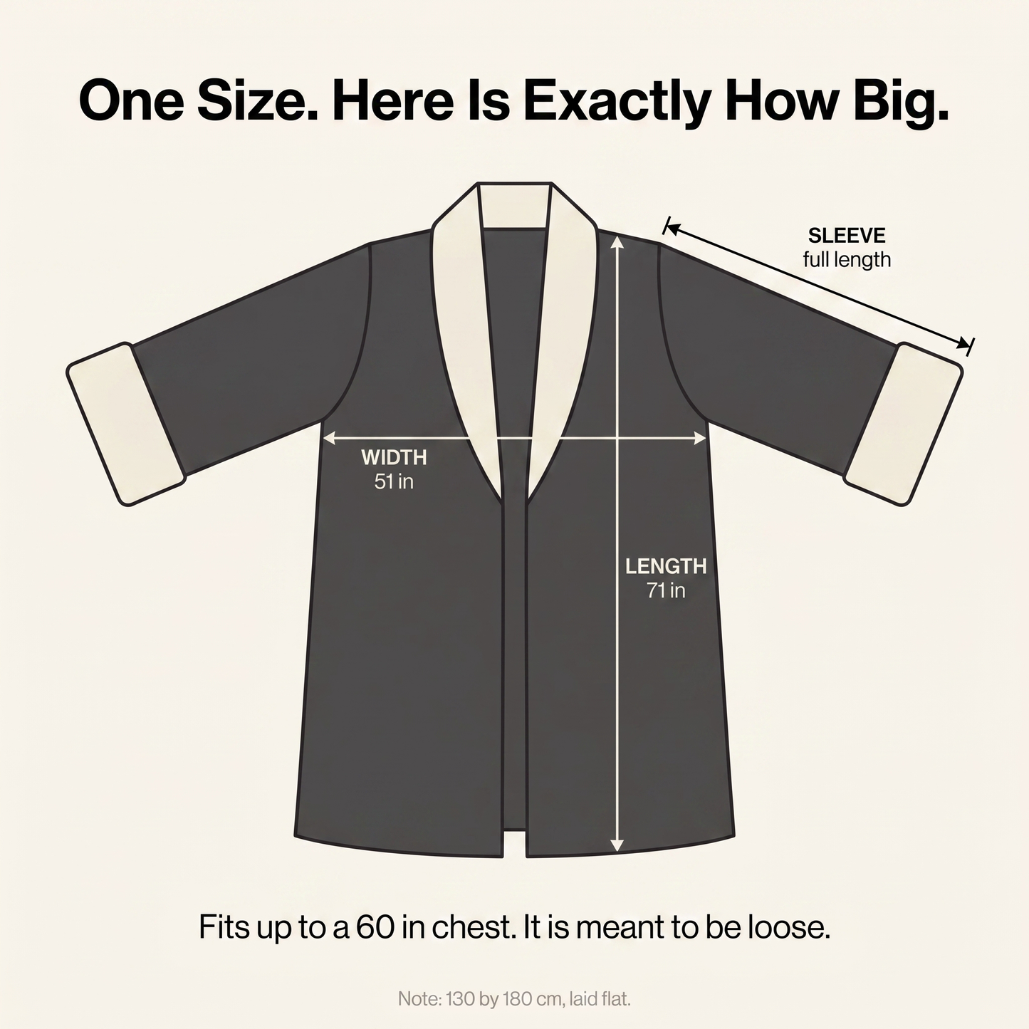A flat measurement diagram of the robe laid open with arms out, showing length seventy one inches, width fifty one inches and full length sleeves, noting that it fits up to a sixty inch chest and is meant to be loose