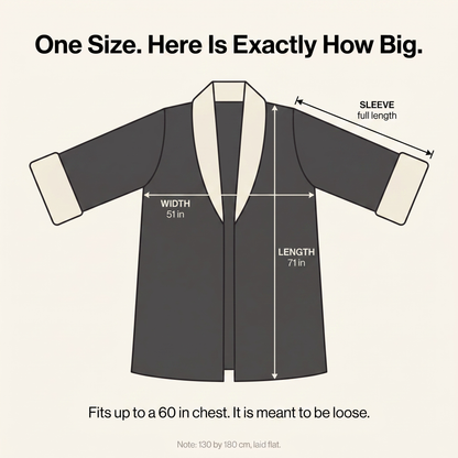A flat measurement diagram of the robe laid open with arms out, showing length seventy one inches, width fifty one inches and full length sleeves, noting that it fits up to a sixty inch chest and is meant to be loose