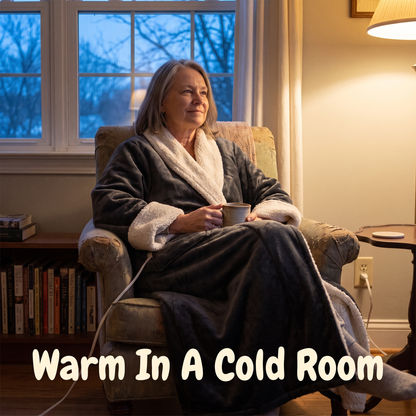 A woman in her sixties sitting comfortably in an armchair in warm lamplight holding a mug, wearing the charcoal heated robe with its cream sherpa shawl collar and cuffs, the cord running to the socket beside her, with cold blue dusk at the window behind, under the line Warm In A Cold Room