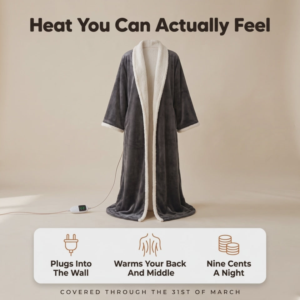 A slow push in toward the charcoal heated robe standing on a warm background, the cream sherpa shawl collar and cuff catching the light and the small green display glowing on the inline controller by the hem