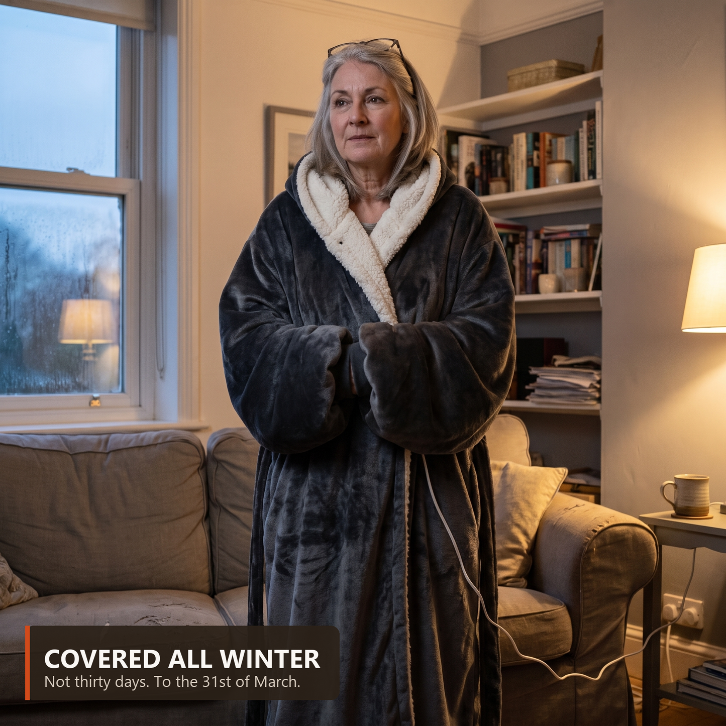 A woman in her sixties standing in her own living room wearing the charcoal heated robe open over her clothes, the cream sherpa shawl collar showing down the front and the power cord running to the wall, with a badge reading Covered All Winter, not thirty days, to the thirty first of March